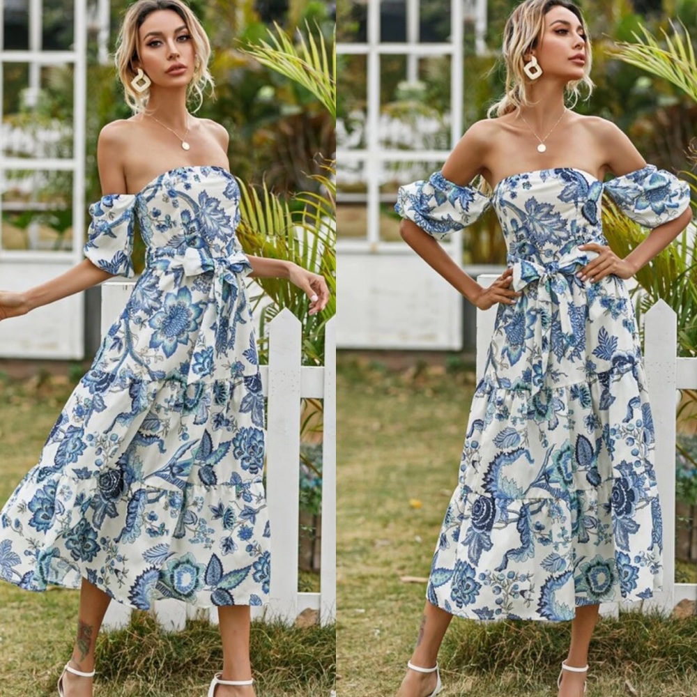 Floral print off shoulder belted dress - Picture 3 of 4